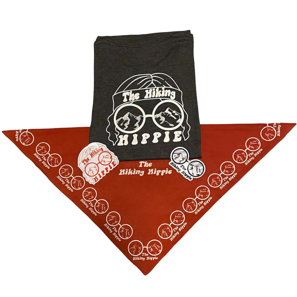 The Hiking Hippie Pack (1 dark grey tri-blend shirt, 1 toast orange bandana, & 2 stickers)