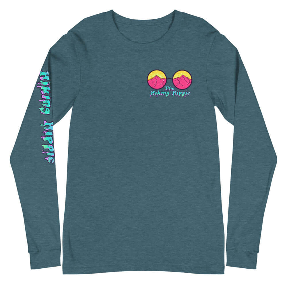 Heather Deep Teal Trippy Hippie Hiking Hippie Long Sleeve Shirt Front View