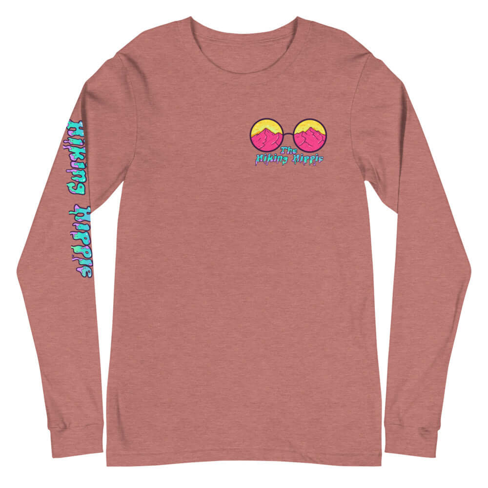 Heather Mauve Trippy Hippie Hiking Hippie Long Sleeve Shirt Front View