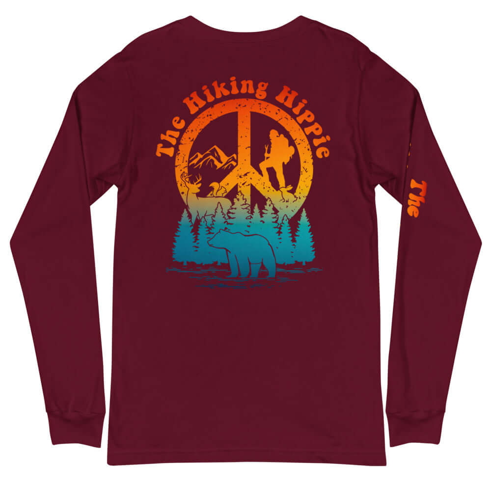 Maroon Hiking Hippie Long Sleeve Peacefully Wild Shirt Back View