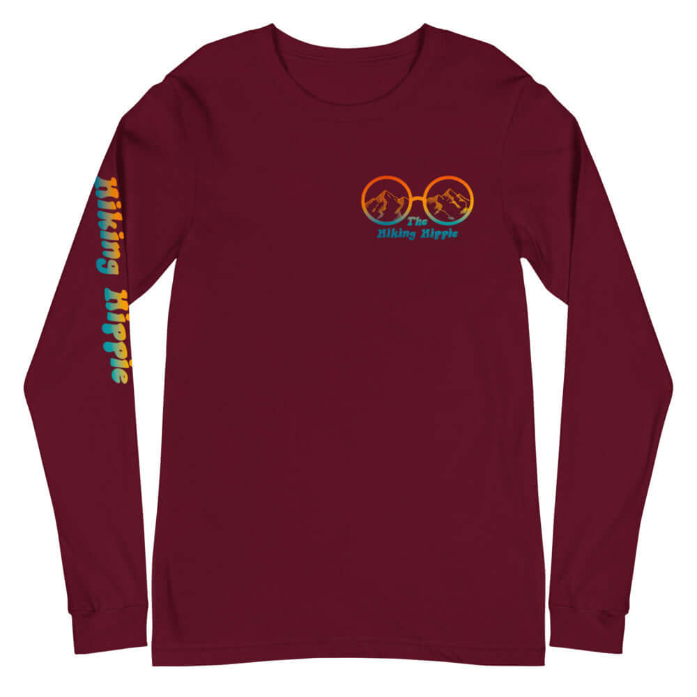 Maroon Hiking Hippie Long Sleeve Peacefully Wild Shirt Front View