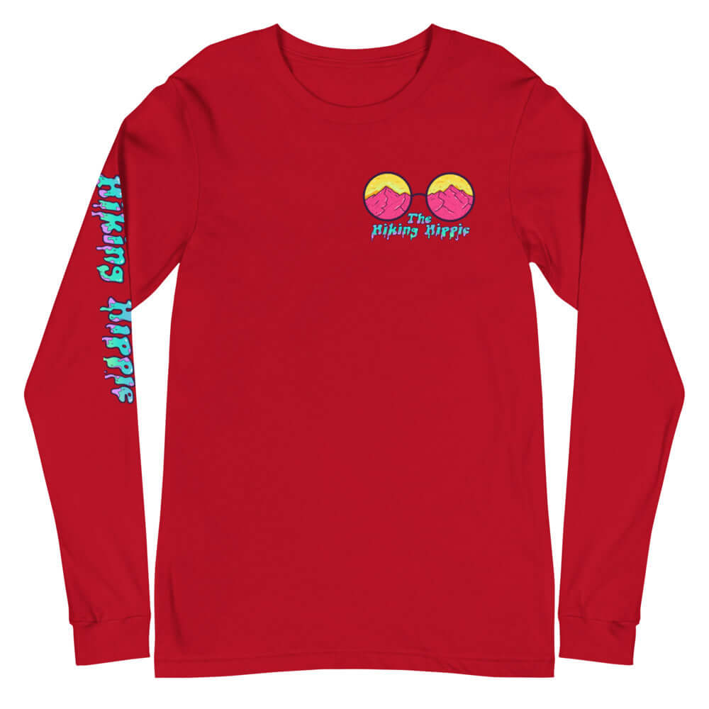 Red Trippy Hippie Hiking Hippie Long Sleeve Shirt Front View